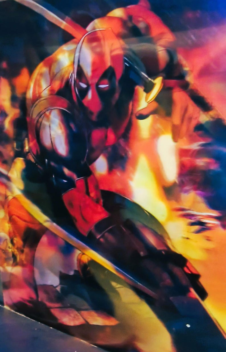 May include: A dynamic illustration of Deadpool, the Marvel Comics antihero, in a striking action pose. The character is clad in his signature red and black suit, with a mask featuring white eyes. The background is a vibrant blend of orange, red, and blue hues.
