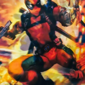 May include: Dynamic action shot of Deadpool in a vibrant, comic-style illustration. The character is clad in a red and black suit, wielding a gun and swords. The background features a fiery, blurred effect, enhancing the sense of movement and energy.