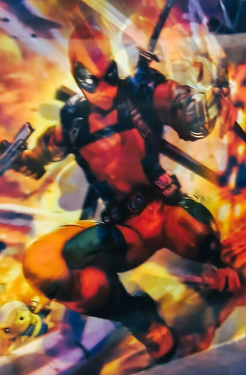 May include: Dynamic action shot of Deadpool in a vibrant, comic-style illustration. The character is clad in a red and black suit, wielding a gun and swords. The background features a fiery, blurred effect, enhancing the sense of movement and energy.