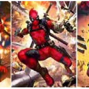 May include: A triptych of Deadpool illustrations. The character is depicted in a red and black suit, wielding swords and guns. The background features explosions and action-oriented scenes, showcasing dynamic poses.