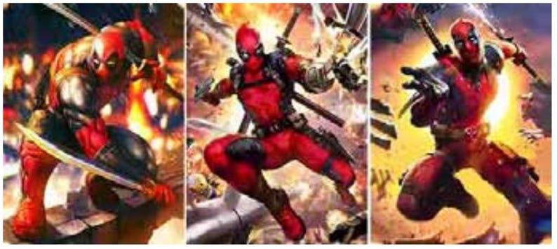 May include: A triptych of Deadpool illustrations. The character is depicted in a red and black suit, wielding swords and guns. The background features explosions and action-oriented scenes, showcasing dynamic poses.