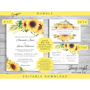 Sunflower Bundle includes Invitation, Save the Date & RSVP, Editable Instant Download Templates, JetTemplate wedding birthday anniversary