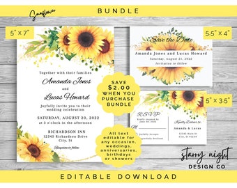 Sunflower Bundle includes Invitation, Save the Date & RSVP, Editable Instant Download Templates, JetTemplate wedding birthday anniversary