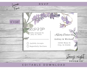 May include: A 5 x 3.5 inch white RSVP card with a watercolour design of purple flowers. The card has a section for the guest to indicate if they will be attending the event and a section for the recipient's address. The text on the card reads "RSVP" and "Kindly respond by July 15, 2021".