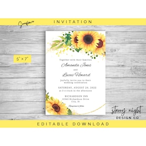 Sunflower Invitation, Editable Instant Download Template, JetTemplate wedding, bridal shower, birthday, anniversary, baby shower