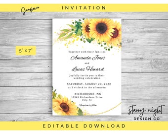 Sunflower Invitation, Editable Instant Download Template, JetTemplate wedding, bridal shower, birthday, anniversary, baby shower