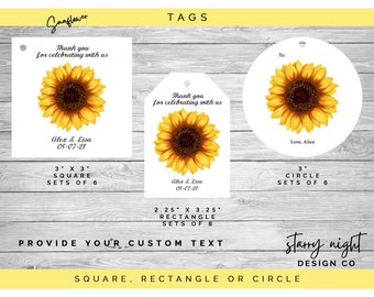 Etiquetas de girasol, cuadradas, rectangulares o circulares, personalizables para regalos, favores de fiesta, bolsas de galletas, botellas de vino y más