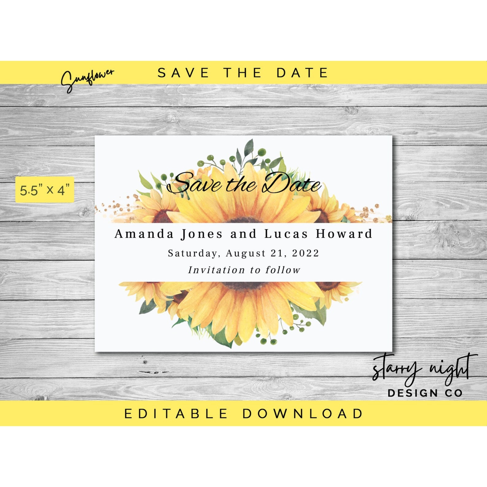 Sunflower Save the Date Card, Editable Instant Download Template ...