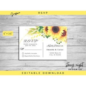 Sunflower RSVP Card, Editable Instant Download Template, JetTemplate, wedding, bridal shower, birthday, anniversary, baby shower