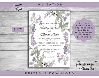 Lavendel Blumen Einladung, bearbeitbare Instant Download Vorlage, JetTemplate Hochzeit, Brautparty, Geburtstag, Jubiläum, Babyparty