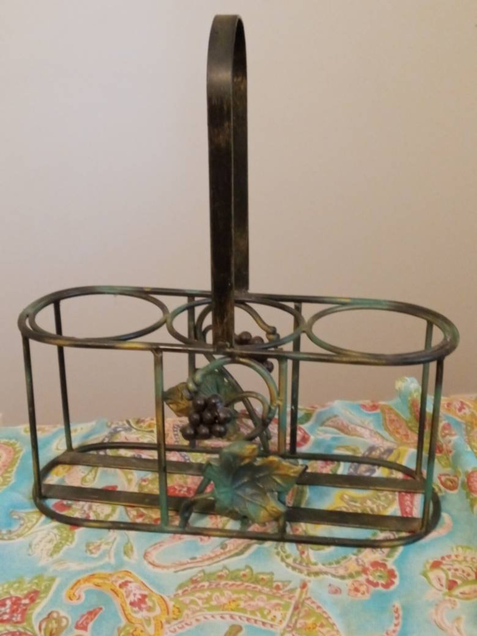 Vintage metal trio wine bottle caddy with cluster of grapes on Etsy