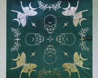 Velvet Altar Cloth: Luna Moth & Skull Foil Printed Design