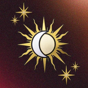 Peut inclure: Un motif céleste avec un soleil doré, un croissant de lune blanc et doré, entouré d'étoiles dorées. Le motif est posé sur un fond bordeaux foncé avec un léger dégradé.