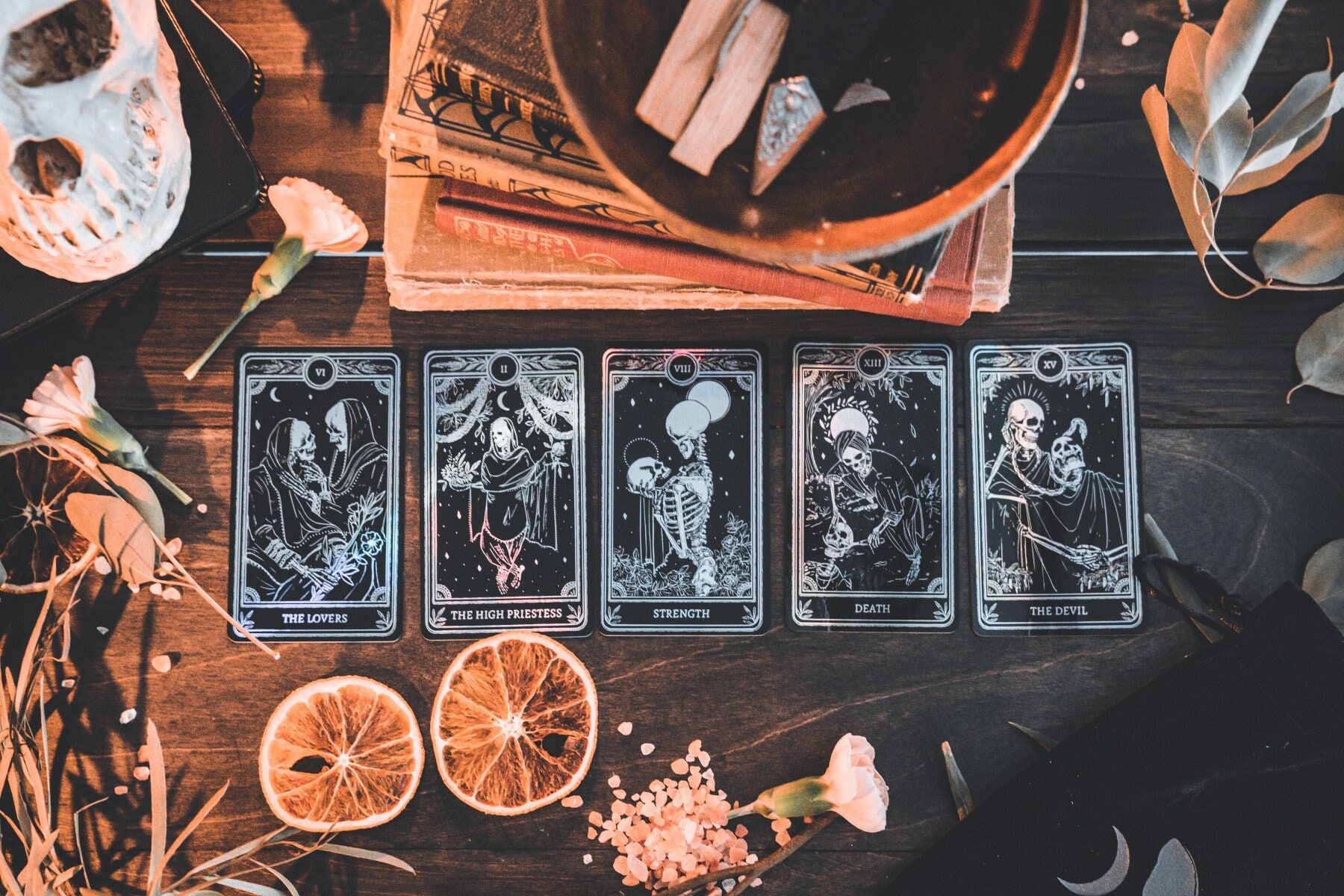 Sticker Pack, Marigold Tarot Holographic: Strength, The Devil, The Lovers, The High Priestess, Death