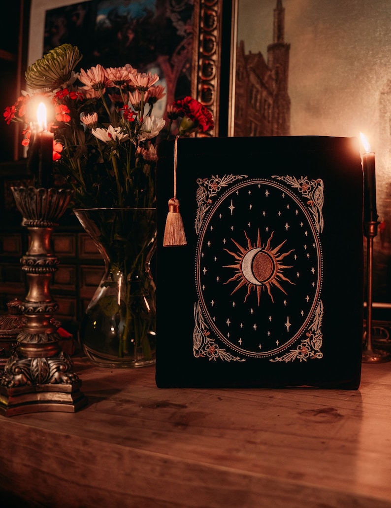 celestial purple velvet embroidered ipad sleeve, book sleeve, book pouch, tarot deck pouch