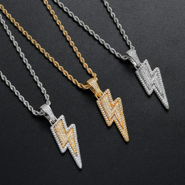 Hip Hop Lightning Bolt Design Pendant 18k Gold Plated Iced Out CZ Pendant Necklace with Micropave Simulated Diamond for Men Women