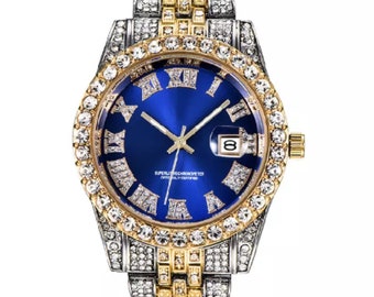 Gold Plated Iced Out Wrist Watch for Men with Blue Face