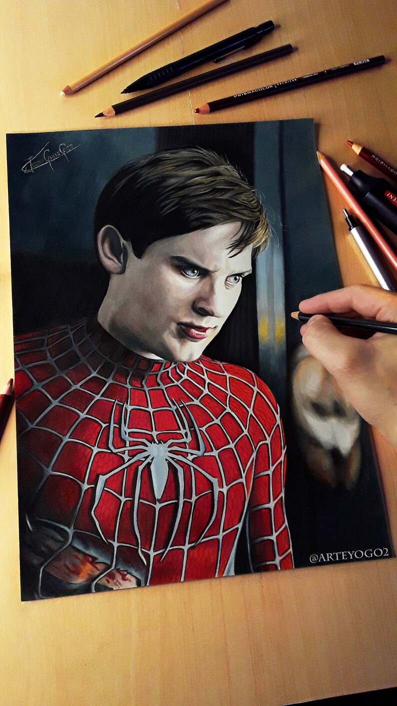 Spiderman Drawing MARVEL tobey Maguire ORIGINAL Arteyogo Etsy