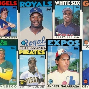 May include: A collage of baseball cards featuring players from different teams, including the Red Sox, Angels, Royals, White Sox, Giants, Braves, A's, Pirates, Expos, and Mets. The cards feature players such as Tom Seaver, Wally Joyner, Bo Jackson, Bobby Bonilla, Will Clark, Ken Griffey, Jose Canseco, Barry Bonds, Andres Galarraga, and Kevin Mitchell.