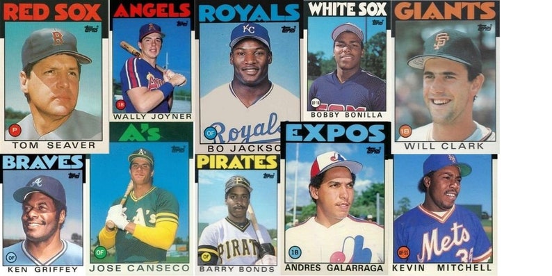 May include: A collage of baseball cards featuring players from different teams, including the Red Sox, Angels, Royals, White Sox, Giants, Braves, A's, Pirates, Expos, and Mets. The cards feature players such as Tom Seaver, Wally Joyner, Bo Jackson, Bobby Bonilla, Will Clark, Ken Griffey, Jose Canseco, Barry Bonds, Andres Galarraga, and Kevin Mitchell.