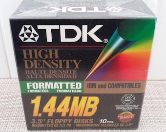 TDK 3.5" Floppy IBM & Compatibles Formatted 1.44 MB 2HD High Density Diskettes 10 New Sealed Box Floppy Disks. Vintage Brand New