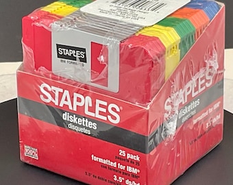 3.5" Floppy IBM Formatted Rainbow Colors Staples 2HD High Density Diskettes 25 New Sealed Box Floppy Disks. Vintage Brand New. 5 Colors of 5