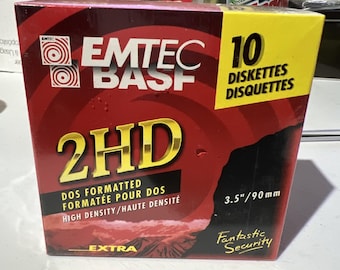 1-3.5" Floppy Disks Box of 10 IBM Formatted BASF 10 Pack 2HD High Density Black Disks Brand New Factory Sealed Box. Vintage. Four available.