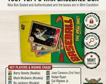 May include: A 1987 Topps wax baseball card box featuring a green and yellow design with a Dave Righetti card displayed on the front. The box includes text labels for authenticated, sealed, unsearched, and mint condition, plus a list of key players.