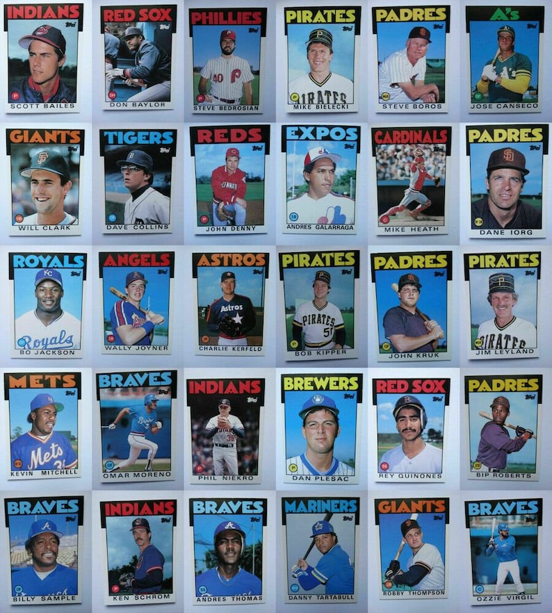 May include: A collage of 36 baseball cards featuring players from different teams, including the Indians, Red Sox, Phillies, Pirates, Padres, and A's. Each card features a player's name and team logo.