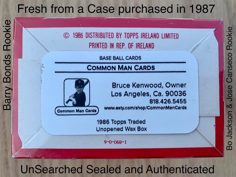 May include: A red and white cardboard box with a white label. The label has a black and white illustration of a baseball player and the text "Common Man Cards". The text "Fresh from a Case purchased in 1987" is printed on the top of the box.