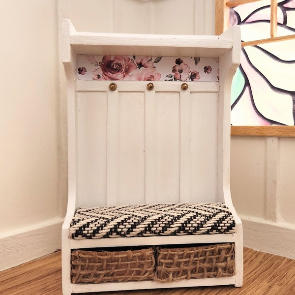 custom wooden modern dollhouse furniture · miniature hall tower · coat rack & storage bench · boho country cottage farmhouse