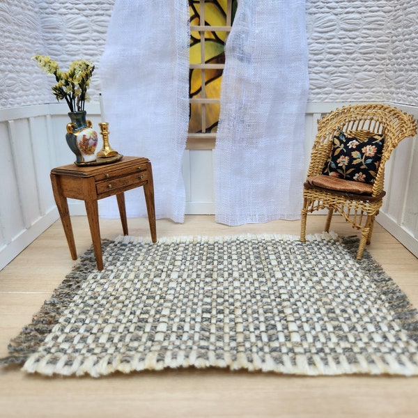 dollhouse miniature area rug · gray and tan neutral ·  large slub basketweave rug · 1:12 scale decor · dollhouse carpet