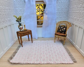 dollhouse miniature area rug · pink & white woven polka dots· 1:12 scale decor · dollhouse carpet