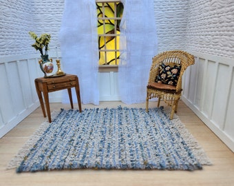 dollhouse miniature area rug · blue & beige· large woven stripe rug · 1:12 scale decor · dollhouse carpet