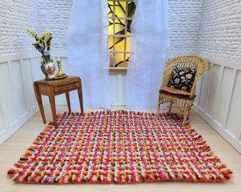 dollhouse miniature area rug · pink multicolored · basketweave chenille rug · 1:12 scale decor · dollhouse carpet