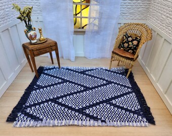 dollhouse miniature area rug · navy gray and white basketweave rug · 1:12 scale decor · dollhouse carpet