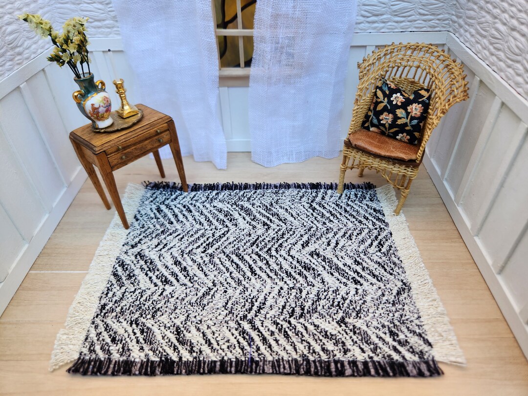 Cool Mini Rug Dollhouse Miniature Rug Black & Off-white Herringbone Chevron Pattern ...