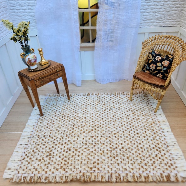 dollhouse miniature area rug · gold & white neutral · large slub basketweave rug · 1:12 scale decor · dollhouse carpet