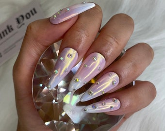Baby Boomer Diamanté Chrome Press on Nails / Gel Nails / Handmade Nails / Ombre Nails | Birthday Nails / Diamanté Nails /Nail Gems
