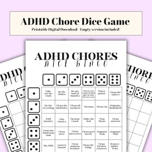 Könnte beinhalten: Druckbares ADHD-Chore-Würfelspiel in Schwarzweiß. Das Spiel enthält ein Bingo-Brett mit Hausaufgaben und Würfelillustrationen. Der Text "ADHD CHORES - DICE BINGO" ist deutlich sichtbar.