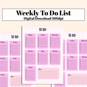 Könnte beinhalten: Digitaler Download einer rosa-weißen Wochen-To-Do-Liste. Das Design zeigt einen Gitterhintergrund mit rosa Kästchen für jeden Wochentag sowie einen Notizbereich. Der Text "Weekly To Do List" und "Digital Download 300dpi" befindet sich oben.