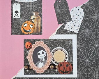 May include: Halloween-themed paper crafts featuring a pumpkin, Jack Skellington, and spiderweb designs. Includes a card with a skull and crossbones tag, a framed Jack Skellington image, and decorative tags. The color scheme is black, orange, and pink.