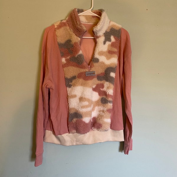 pink Camo sherpa Reworked T shirt flannel hood upcycled rework pullover shirt top women unisex sweatshirt sustainable recycle