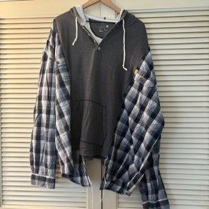 Blue Grey Button up Plaid Reworked T Shirt Hoodie Upcycled Rework Pullover Top Mens Women Unisex Sustainable Recycle Sweatshirt Car Hartt Etsy UK
