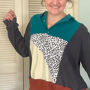 Reworked T shirt sweatshirt leopard upcycled rework pullover shirt top mens women unisex sweatshirt Henley sustainable recycle teal thermal