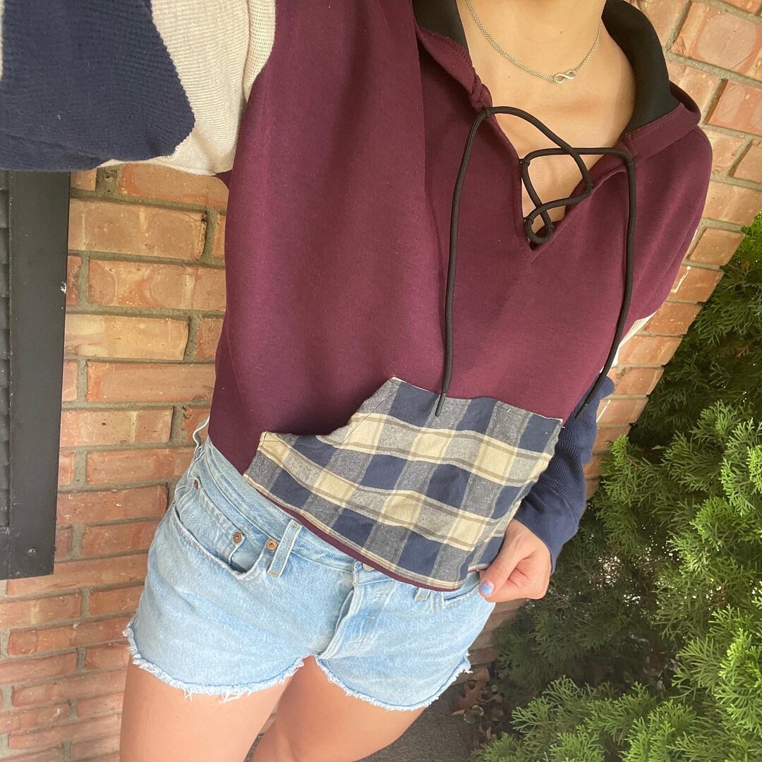 Hoodie Plaid Reworked Flannel Upcycled Rework Pullover Shirt Etsy