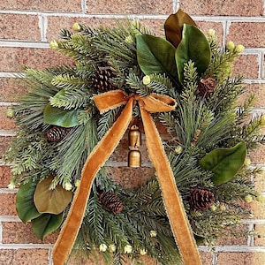 Rustic Winter Magnolia Wreath, Christmas Wreath With Velvet Ribbon and Bells, Christmas Wreath with Pine and Pinecones, Evergreen Winter
