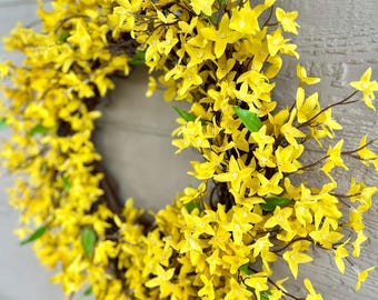 Spring Forsythia Wreath, Yellow Spring Wreath for Front Door, Modern Farmhouse Wreath, Easter Decor, Mothers Day Gift Ideas, Summer Wreath