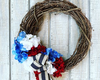 Red White And Blue Patriotic Wreath For Front Door/Americana Door Decor/Patriotic Wreaths/Patriotic Door Wreaths/Wreaths with Hydrangeas