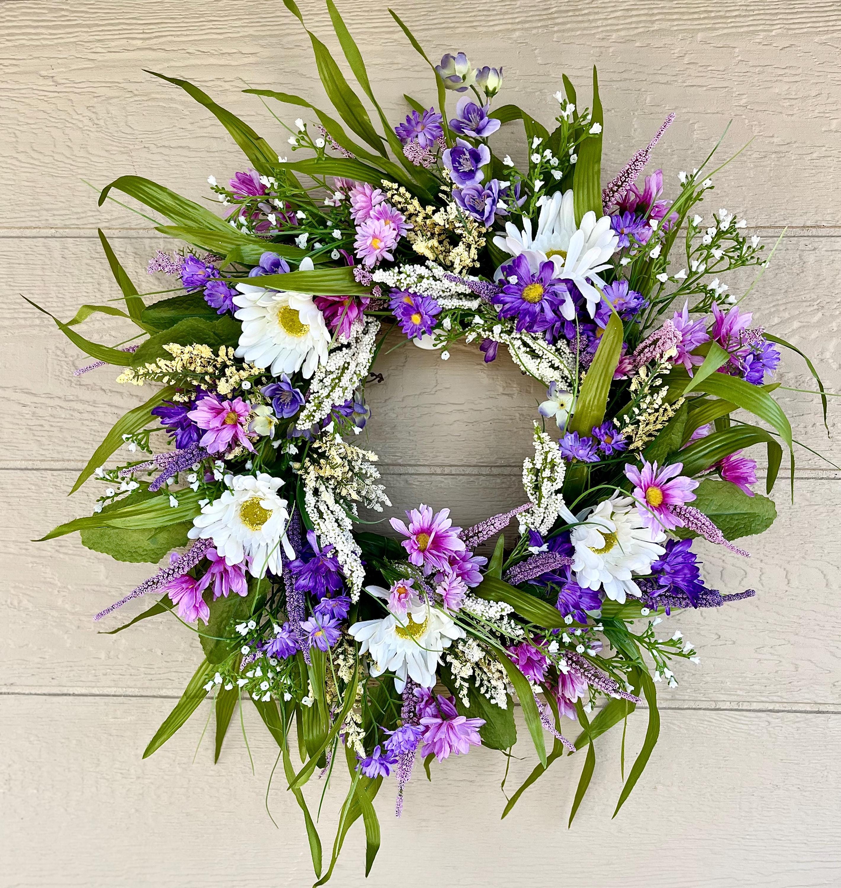 Pink and Purple Garden Style Wreath,  Summer Floral Wreath for Front Door, Wreath with Daisies, Floral Mother’s Day Gift, Wreath for Summer
